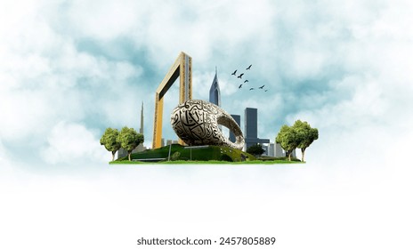 Dubai city on hand 3d concept background. amazing city on hand at sunrise, United Arab Emirates. - Powered by Shutterstock