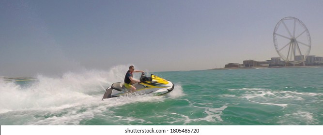 Dubai Jet Ski Sports. Freedom As A Way Of Life. Extreme People Flying In Open Air. Jetski Team. Banner. 
