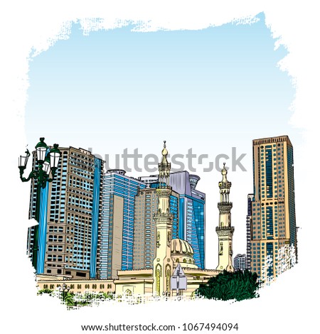 Dubai Marina district Mosque, hand drawn sketch with watercolor splashes and skyscrapers in UAE. Illustration