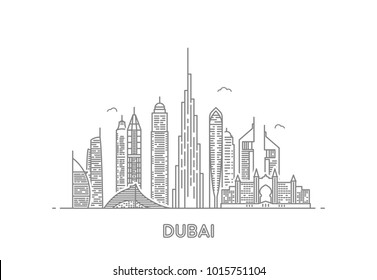 Dubai Skyline. City And Tourism Background. Line Art Style Illustration