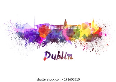 Dublin skyline in watercolor splatters with clipping path