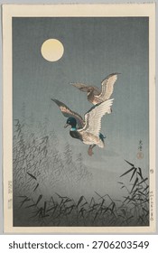 Ducks flying under a full moon, full moon glowing, ducks in flight, serene night sky, night sky with ducks, peaceful scene. Vintage animal artwork, old animal illustration.