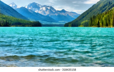 Duffey Lake with mountains in background, British Columbia, Canada. Stylized as painting. - Shutterstock ID 318435158