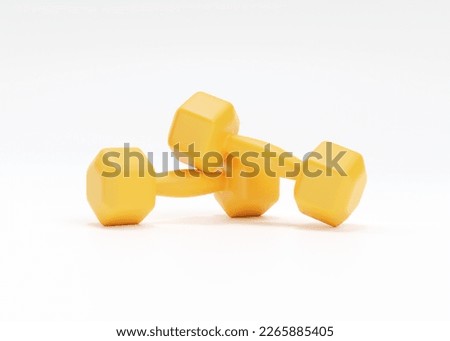 Dumbbell 3d render icon - yellow fitness equipment, realistic gym barbell and fit execise accessories for woman. Health care illustration, iron training inventory isolated on white. 3D Illustration