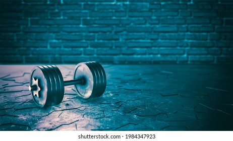 Dumbbell Breaking The Floor, Concept Of Fitness, Bodybuilding And Becoming Stronger,copy Space (3d Render)