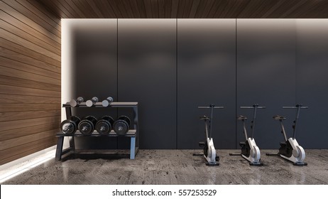 Dumbbell rack and cycling machines in modern gym / 3D Rendering - Powered by Shutterstock