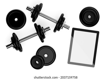Dumbbell with weights and tablet computer on white background flat lay top view from above with copy space, online fitness video or application template, 3D illustration