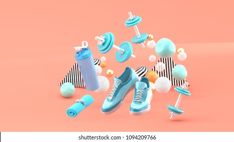 Dumbbell,Running Shoes ,Blue Towel Among the colorful balls on the pink background.-3d render.