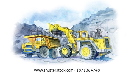 Dump truck and excavator. Mining. Hand drawn watercolor drawing.