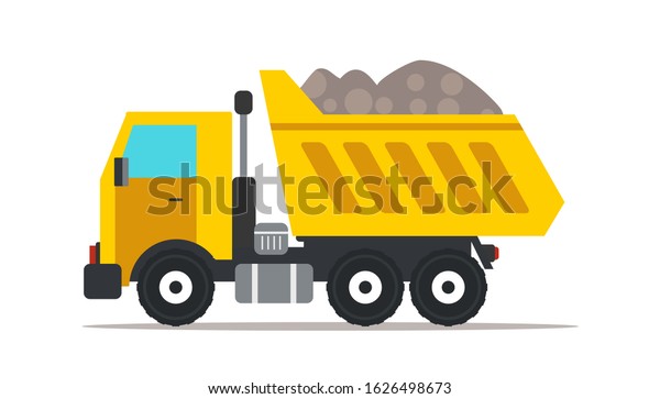 Dump truck flat illustration. Professional heavy\
machinery isolated design element. Yellow tipper truck cartoon clip\
art. Road works, building construction. Vehicle, transport. Raster\
copy