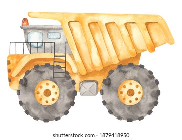 Dump Truck, Mining Dump Truck In Cartoon Style. Watercolor Construction Machines.