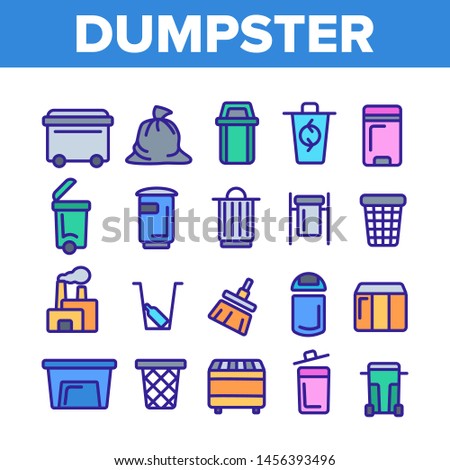 Dumpster, Garbage Container Thin Line Icons Set. Dumpster, Trash Collecting Equipment Linear Illustrations. Litter Recycling Factory. Plastic Dustbins, Metal Containers. Baskets for Waste Separating