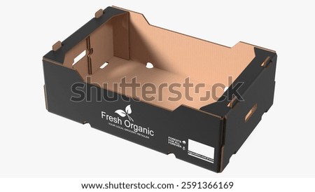 Durable cardboard container designed for storing and transporting fresh fruits and vegetables. Features branded design emphasizing sustainability.