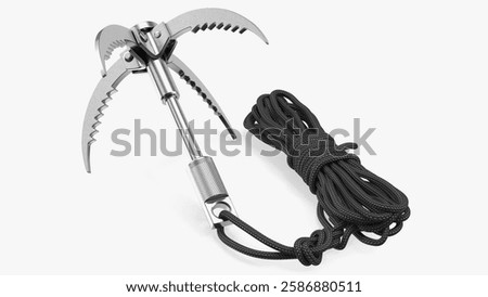 Durable grappling hook featuring three pronged claws and a sturdy rope, ideal for climbing and outdoor adventures.