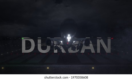 Durban City Name And Airplane Taking Off From The Airport At Night.  Animation 3D Rendering