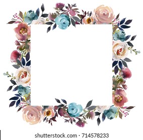 Dusk Blue Pale Pink Gray White Watercolor Floral  Square Frame