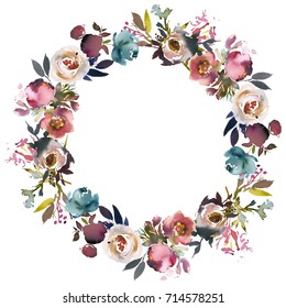 Dusk Blue Pale Pink Gray White Watercolor Floral Round Wreath.