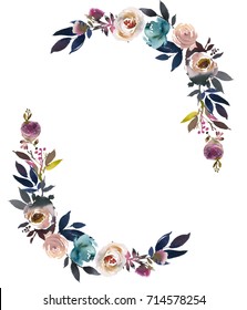 Dusk Blue Pale Pink Gray White Watercolor Floral Semi Wreath.