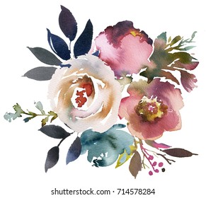 Dusk Blue Pale Pink Gray White Watercolor Floral Round Bouquet.