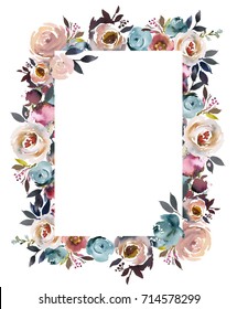 Dusk Blue Pale Pink Gray White Watercolor Floral Rectangular Frame.