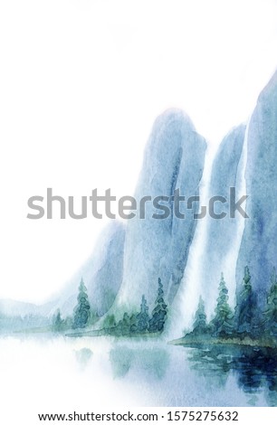 Dusk watercolour paint cloudy fog pond rocky scene paper backdrop text space. Hand drawn blue color mist valley canyon cascade creek. Artist outdoor wild bush plant country view sketch graphic artwork