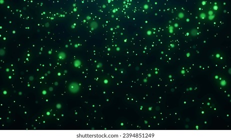 Dust particles with bokeh effect on dark background. Abstract green magic background. Starry sky. 3d rendering.