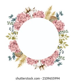 Dust Pink Roses, Cotton Flowers And Golden Feather  Watercolor Round Frame Invitation Card	