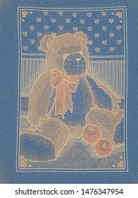 Dusty Blue Background Illustration Traditional Vintage Cross Stitch Old Fashioned Teddy Bear Color Series
