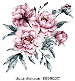 Dusty Pink Flowers Peonies Watercolor Floral Stock Illustration ...