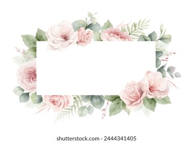 Dusty pink roses flowers and eucalyptus leaves.  Watercolor rectangular floral frame. Wedding stationary, greetings, wallpapers, fashion, home decoration. Hand painted illustration. - Powered by Shutterstock