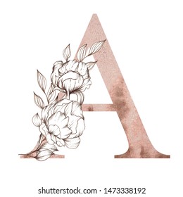 Dusty rose and brown letter a, alphabet, monogram, initials, peonies, petals, leaves, blooming branch, flowers, buds, watercolor and graphics, vintage style, floral arrangements, hand drawn