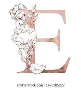 Dusty rose and brown letter e, alphabet, monogram, initials, peonies, petals, leaves, blooming branch, flowers, buds, watercolor and graphics, vintage style, floral arrangements, hand drawn