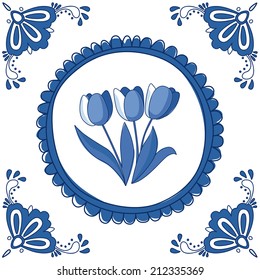 Dutch Delft Blue Tile With Tulips