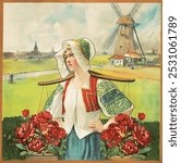 Dutch flower seller (1906). Woman portrait illustration. Vintage woman art drawing illustration, woman female portrait old painting art print drawing with red flowers. Dutch scene drawing.