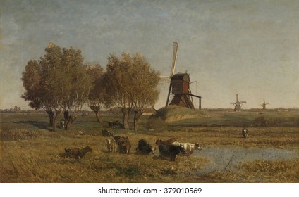 Dutch Polder Landscape Near Abcoude, By Paul Gabriel, C. 1877, Dutch Painting, Oil On Canvas. Three Windmills Are In A Line With Cows Grazing Near A Pool Of Water And Clump Of Willows.