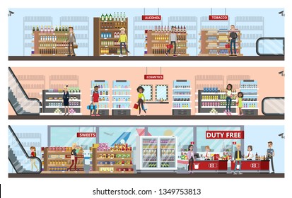 Duty Free Interior In The Airport Building. People Buying Cheap Products: Alcohol, Perfume And Chocolate. Tax Free.  Flat Illustration