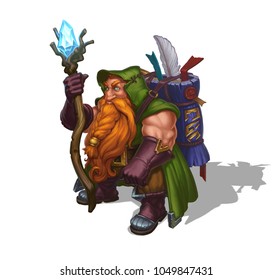 Dwarf gnome magician adventure seeker isolate fantasy illustration. Magician with a staff and a big book.
