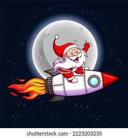 The Dwarf Santa Claus Is Driving And Flying With The Turbo Rocket In The Night Of Illustration