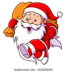 The Dwarf Santa Claus Is Running With The Big Sack Of Christmas Gift Of Illustration