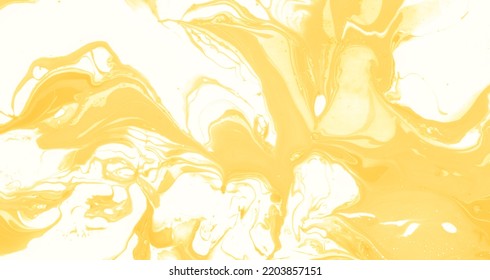 Dyed Bright Wet Tile Watercolor. Yellow Acrylic Paint Fluid. Artistic Light Dyed Shapes Background. White Paint Flow. Liquid White Decor Fabrics.