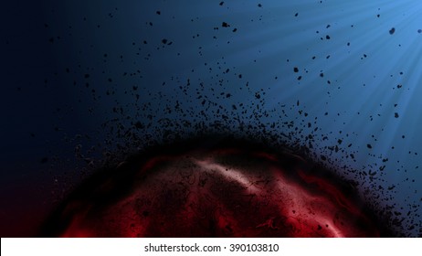 Dying Bloody Cell And Some Parts Disintegrating And Flying Over Black With Blue Light Background, Sick Blood Cell, Cancer Cell, Diseased Cell, Tumor. Medical Background Medical And Health Care Concept