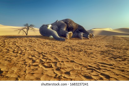 Dying elephant on drought cracked desert landscape. Global warming concept. This is a 3d render illustration.