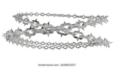 Dynamic 3D render of aggressive metal chains with sharp, geometric links, intricately intertwined. Ideal for themes of security, dark fantasy, or edgy industrial design.