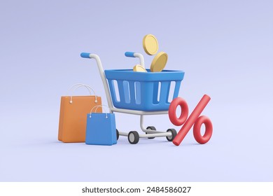 A dynamic 3D render showcasing the excitement of shopping deals with floating elements of a shopping cart, discount tag, shopping bag, percentage sign, and coins