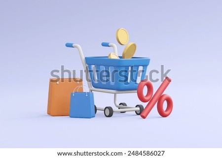A dynamic 3D render showcasing the excitement of shopping deals with floating elements of a shopping cart, discount tag, shopping bag, percentage sign, and coins