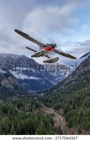 Dynamic 3d Rendering Aircraft. Background Landscape from BC, Canada. Plane soars over towering mountains and pine forests.