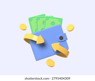 A dynamic 3D rendering featuring a blue wallet overflowing with green banknotes and gold coins, encircled by yellow arrows, conveying concepts of money, exchange, and finance.3d render