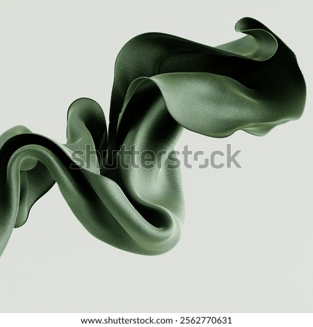 Dynamic 3D rendering flowing olive green fabric. The fabric billows and twists, creating an abstract organic form against a clean, light backdrop. 