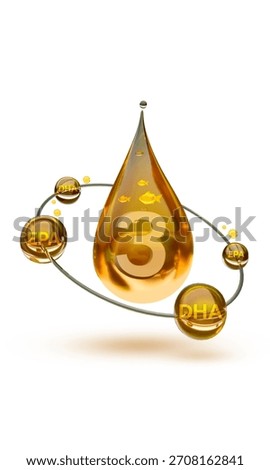 A dynamic 3D rendering of a large, golden, teardrop-shaped liquid drop symbolizing premium fish oil, with the number '3' prominently displayed to represent Omega-3.