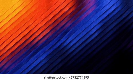 Dynamic abstract artwork featuring bold diagonal stripes in vivid orange and deep blue hues, creating a sense of movement and energy.